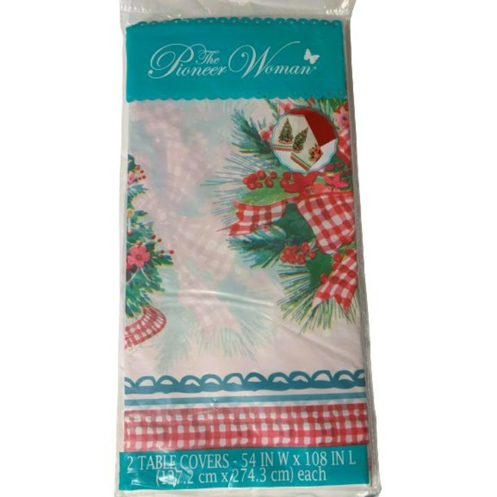 2 The Pioneer Woman Christmas Tree Plastic Table Covers 54x108 Red Dot & Gingham - Picture 10 of 11